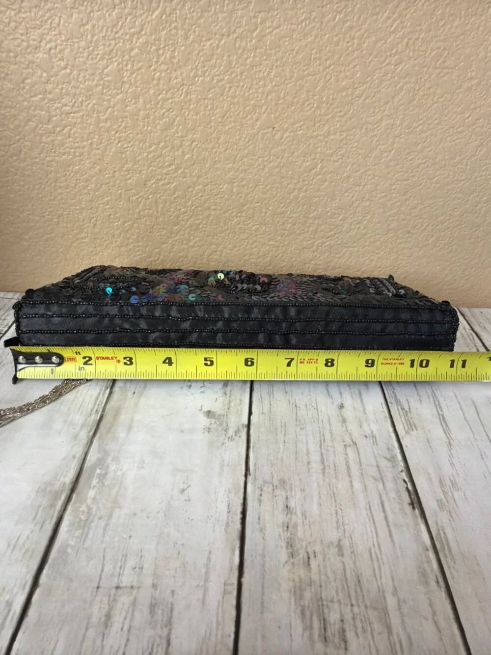 Y2K Max Mayer Black Beaded Sequin Evening Bag Clutch Kiss Lock Chain Strap NEW - Picture 8 of 14